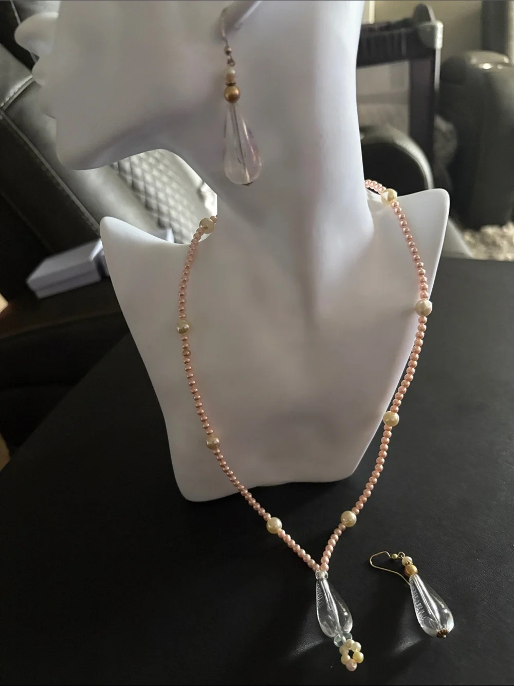 Pearl & Glass Teardrop Pink Beaded Necklace and Earring Set